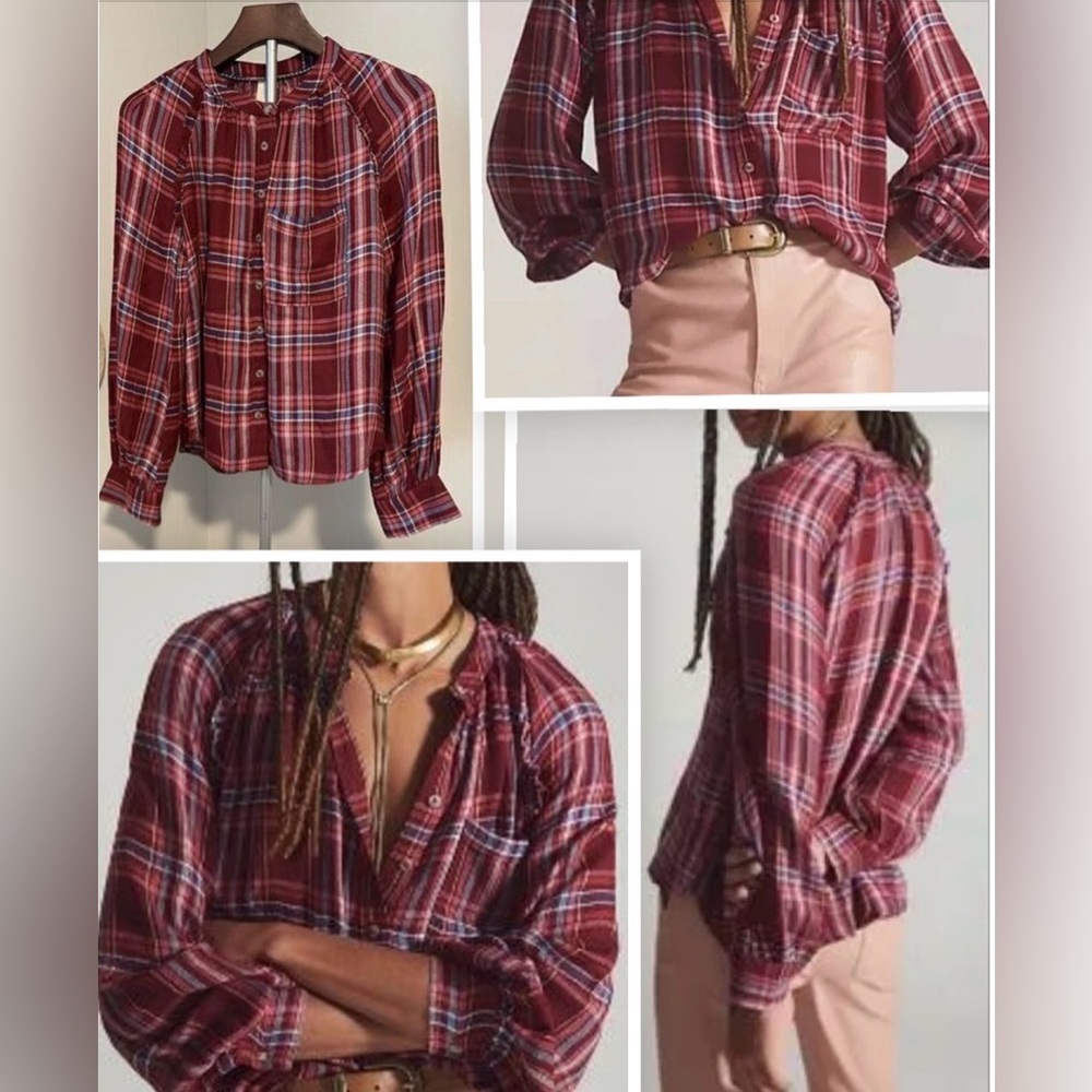 Pilcro Anthropologie‎ Size XS Plaid Wool Blend Blouse Flannel Shirt Button Up